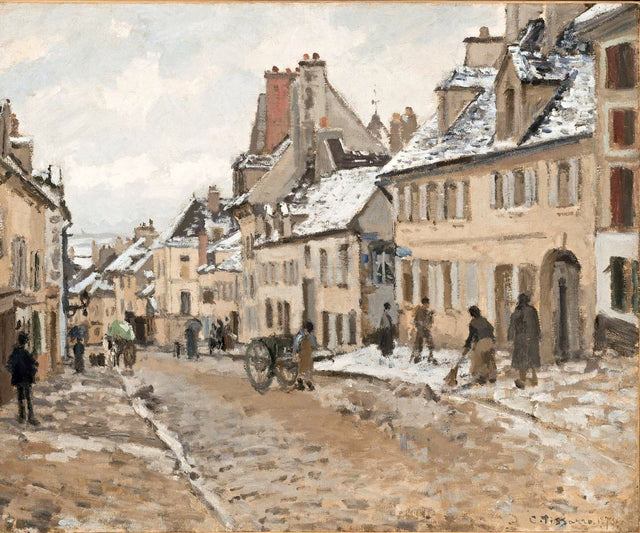Pontoise, the Road to Gisors in Winter by Pissarro: a snowy cobbled street between old houses, people clearing snow