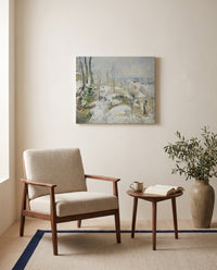 Rabbit Warren, Snow by Camille Pissarro as a stretched canvas above a linen lounge chair in a reading corner