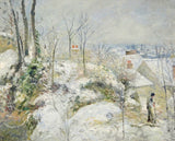 Rabbit Warren at Pontoise, Snow by Pissarro: a snowy hillside with bare trees, houses and a figure walking on a path