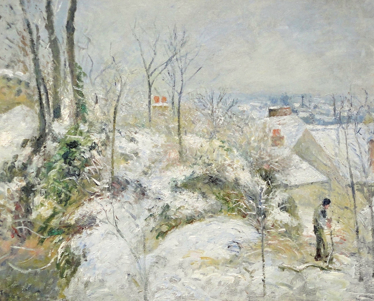 Rabbit Warren at Pontoise, Snow by Pissarro: a snowy hillside with bare trees, houses and a figure walking on a path