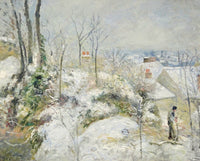 Rabbit Warren at Pontoise, Snow by Pissarro: a snowy hillside with bare trees, houses and a figure walking on a path