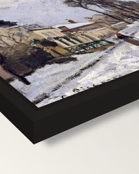 Route to Versailles by Pissarro framed canvas, corner close-up: a black floating frame with a shadow gap round the canvas