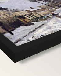 Route to Versailles by Pissarro framed print, corner close-up: black moulding, mitred, the print set just below its edge