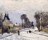 Route to Versailles, Louveciennes by Pissarro: a snowy village road with houses, bare trees and small figures