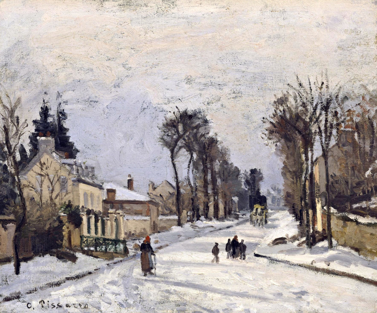 Route to Versailles, Louveciennes by Pissarro: a snowy village road with houses, bare trees and small figures