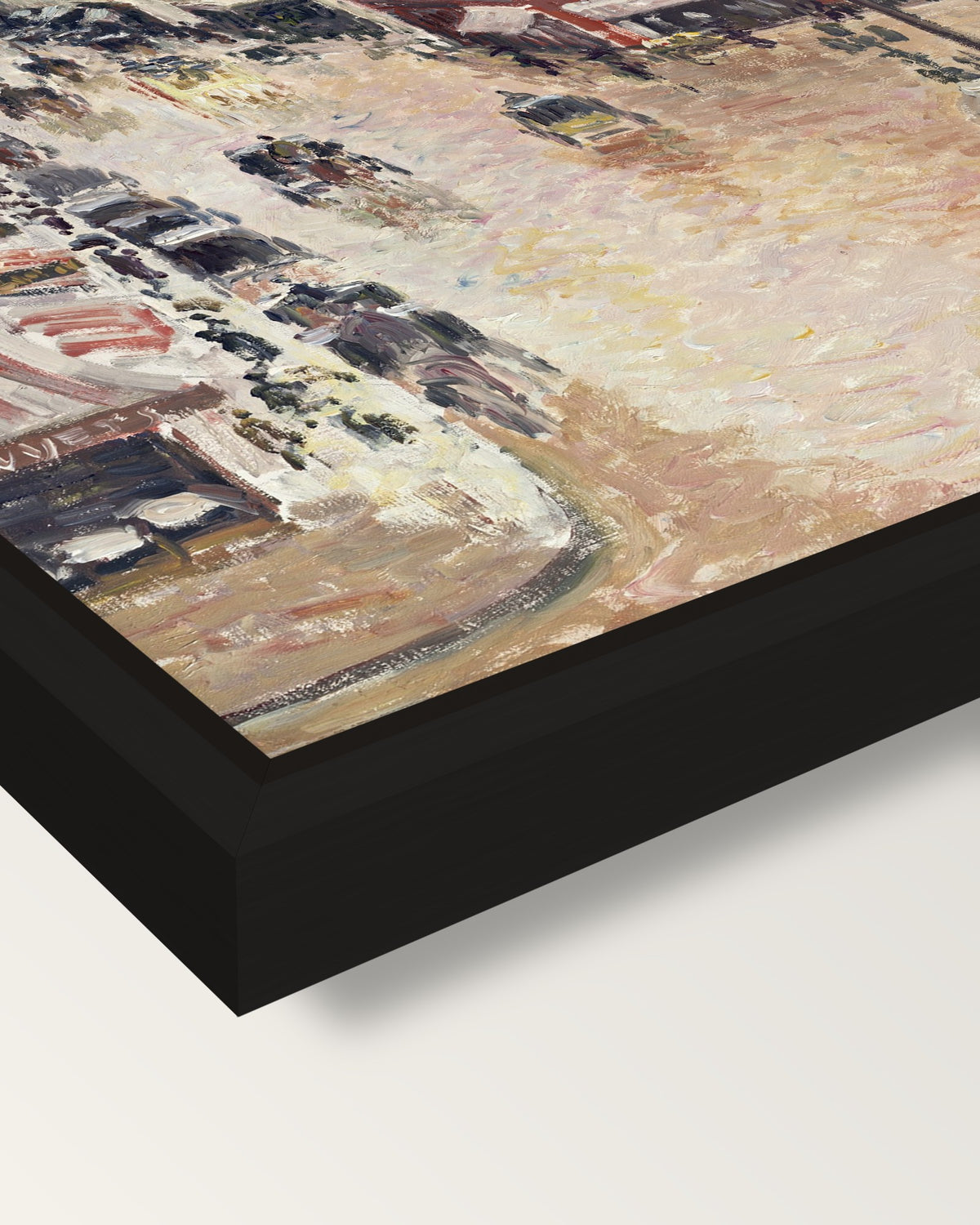 Rue Saint-Honoré, Effect of Rain framed canvas, corner close-up: a black floating frame with a shadow gap round the canvas