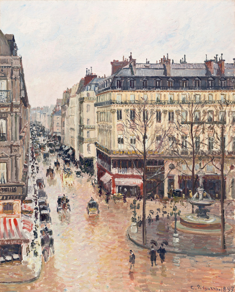 Rue Saint-Honoré, Effect of Rain by Pissarro: a wet Paris street with carriages, umbrellas and trees, from above