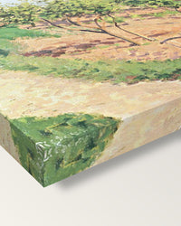 Ruelle des Poulies by Camille Pissarro on stretched canvas, corner close-up: the painting mirror-wrapped round the sides