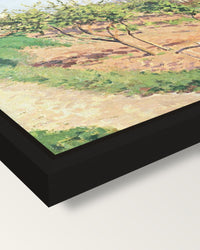 Ruelle des Poulies by Pissarro framed canvas, corner close-up: a black floating frame with a shadow gap round the canvas