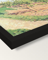 Ruelle des Poulies by Pissarro framed print, corner close-up: black moulding, mitred, the print set just below its edge
