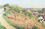 La Ruelle des Poulies by Pissarro: a path along a sunny slope with young trees, two figures and the roofs of Pontoise below