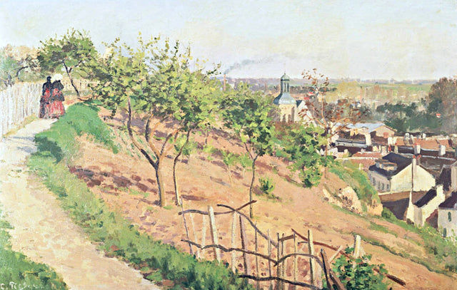 La Ruelle des Poulies by Pissarro: a path along a sunny slope with young trees, two figures and the roofs of Pontoise below