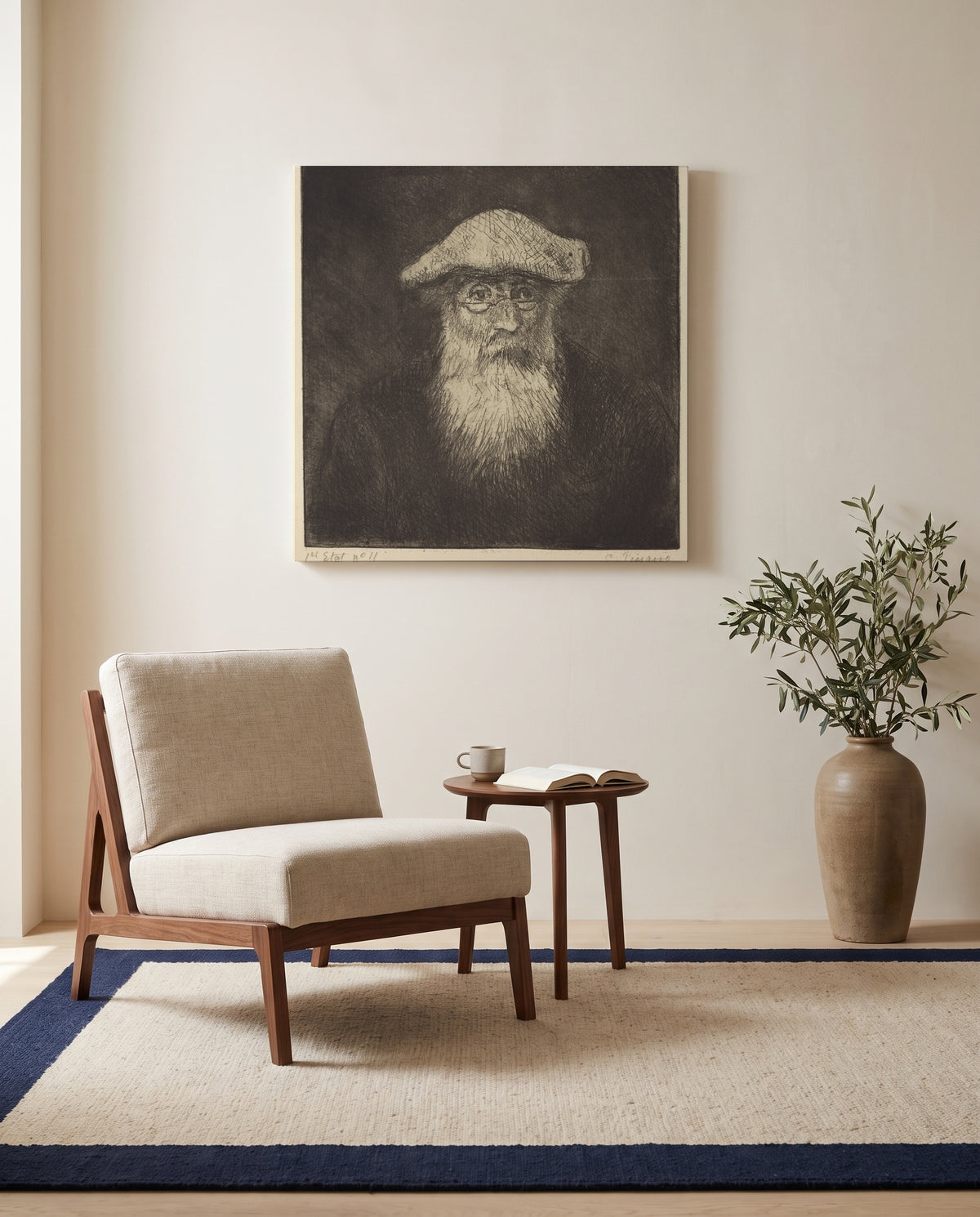 Self-Portrait by Camille Pissarro as a stretched canvas above a linen lounge chair in a reading corner