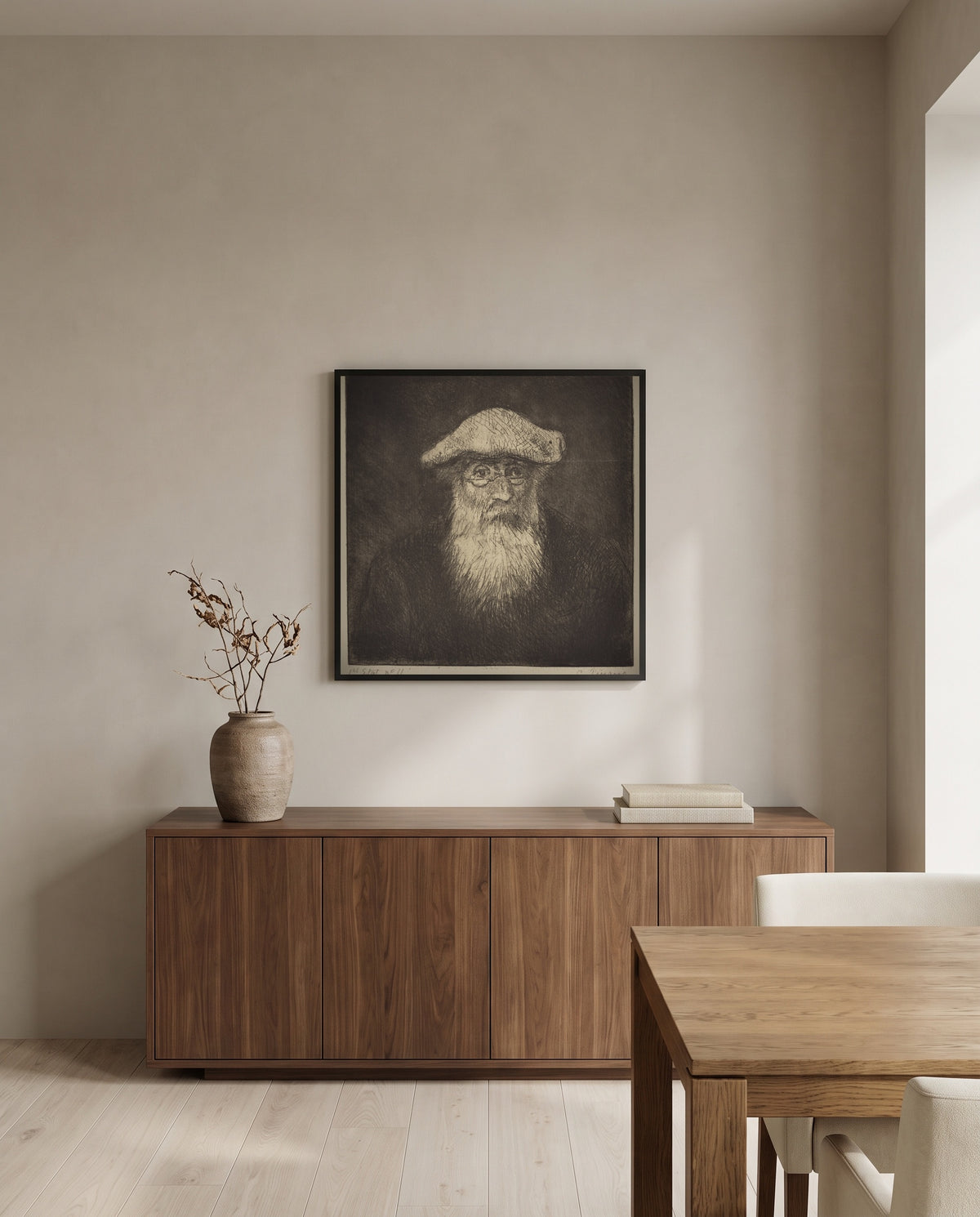 Self-Portrait by Camille Pissarro in a black frame above a walnut sideboard in a dining room