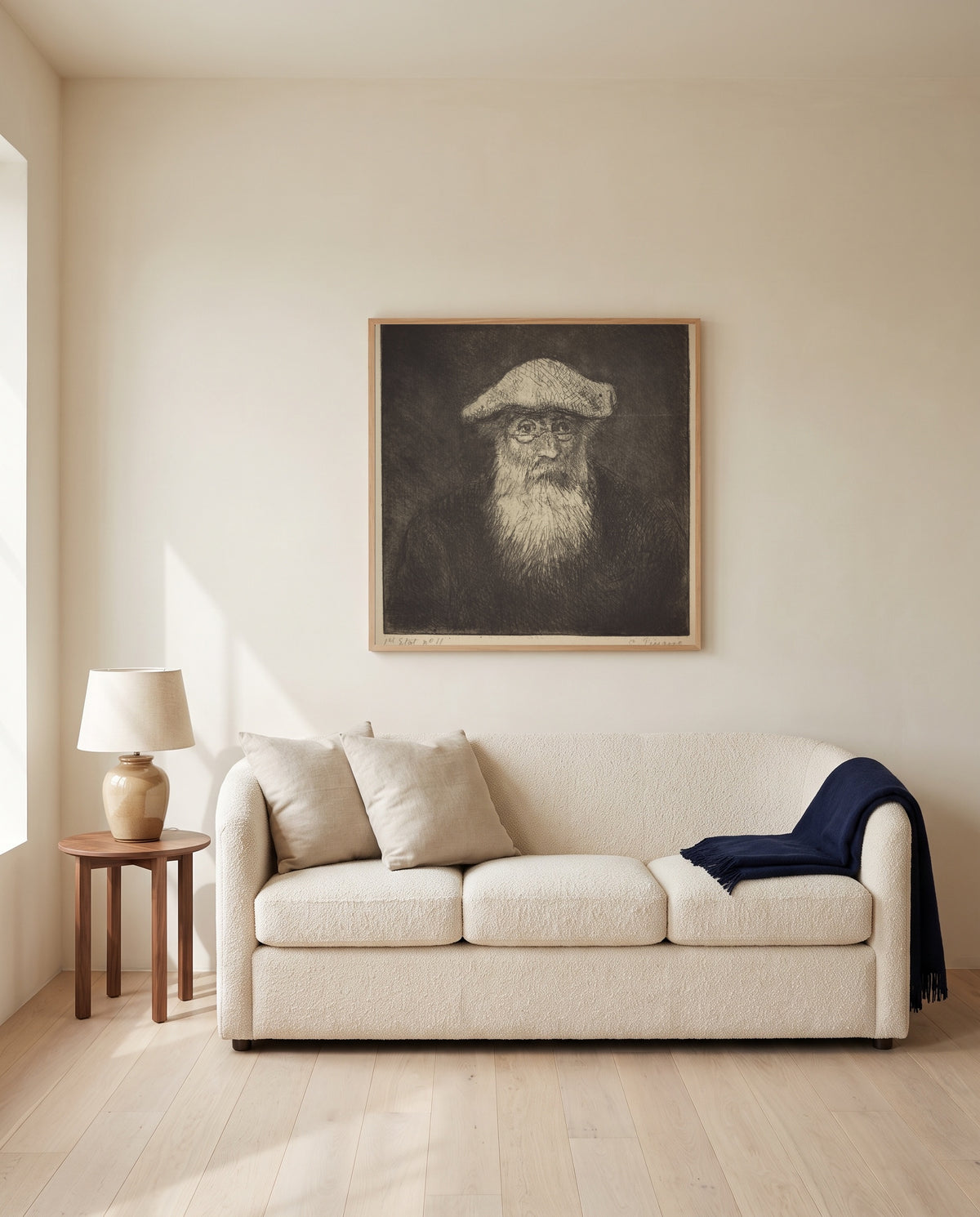 Self-Portrait by Camille Pissarro framed in natural oak above a cream sofa in a warm living room