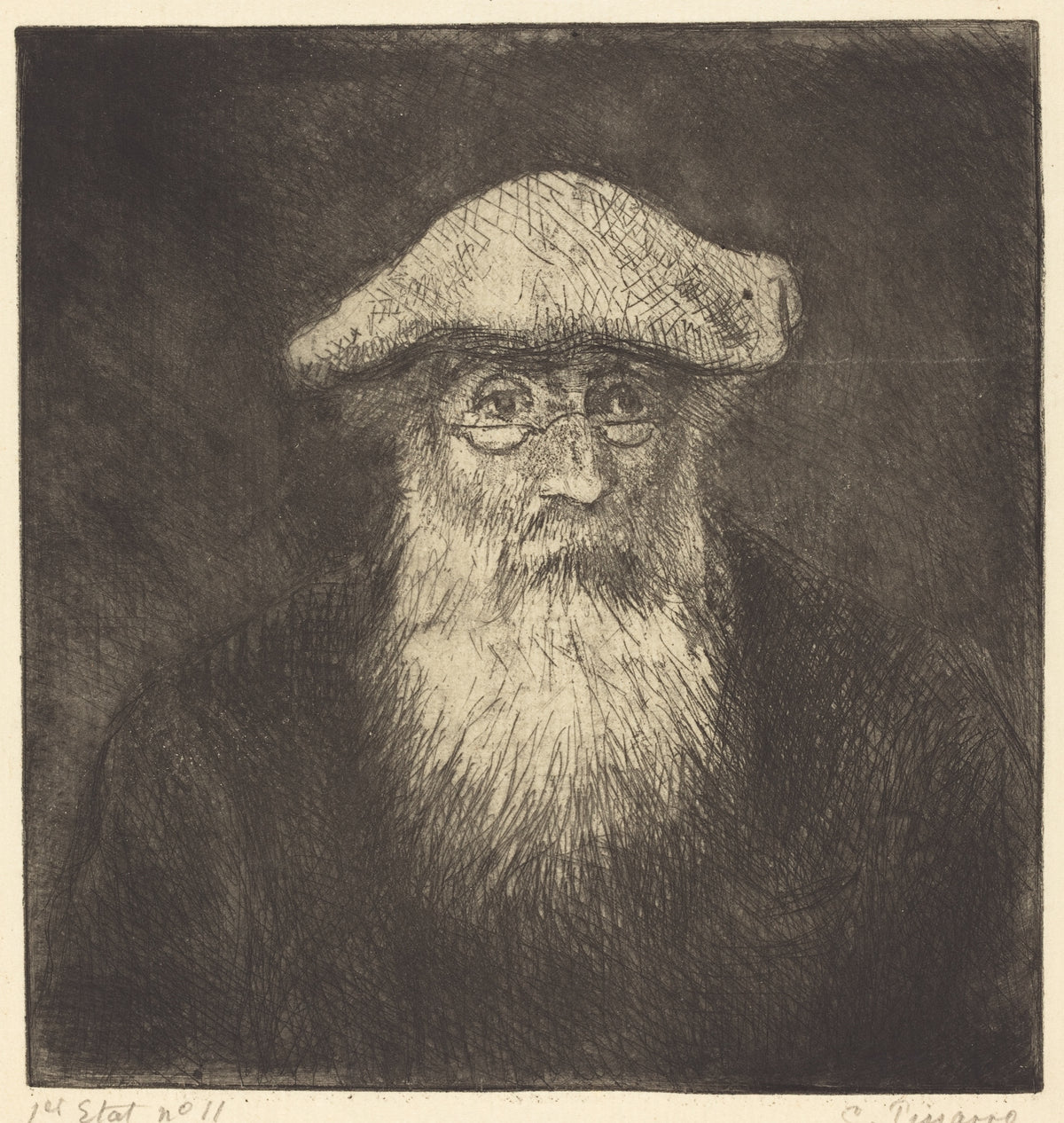 Self-Portrait by Camille Pissarro: an etching of an old man with a long white beard, a soft cap and round glasses