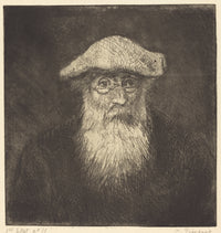 Self-Portrait by Camille Pissarro: an etching of an old man with a long white beard, a soft cap and round glasses