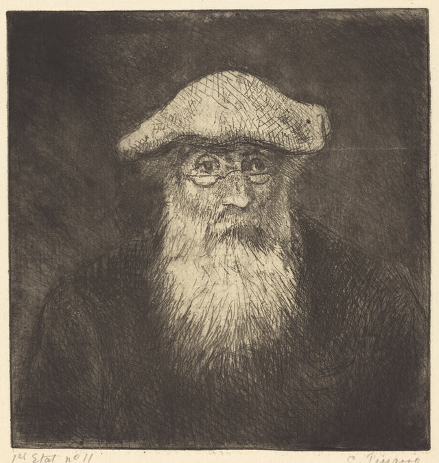 Self-Portrait by Camille Pissarro: an etching of an old man with a long white beard, a soft cap and round glasses