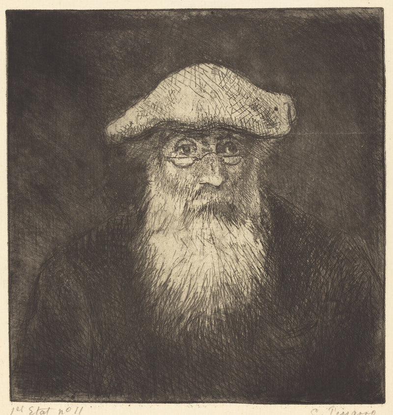 Self-Portrait by Camille Pissarro: an etching of an old man with a long white beard, a soft cap and round glasses