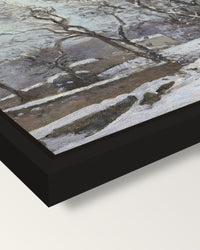 Snow at Louveciennes by Pissarro framed canvas, corner close-up: a black floating frame with a shadow gap round the canvas