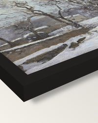 Snow at Louveciennes by Pissarro framed print, corner close-up: black moulding, mitred, the print set just below its edge