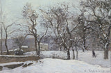 Snow at Louveciennes by Pissarro: bare trees and houses under heavy fresh snow, grey sky, a lone figure walking below