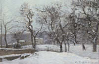 Snow at Louveciennes by Pissarro: bare trees and houses under heavy fresh snow, grey sky, a lone figure walking below