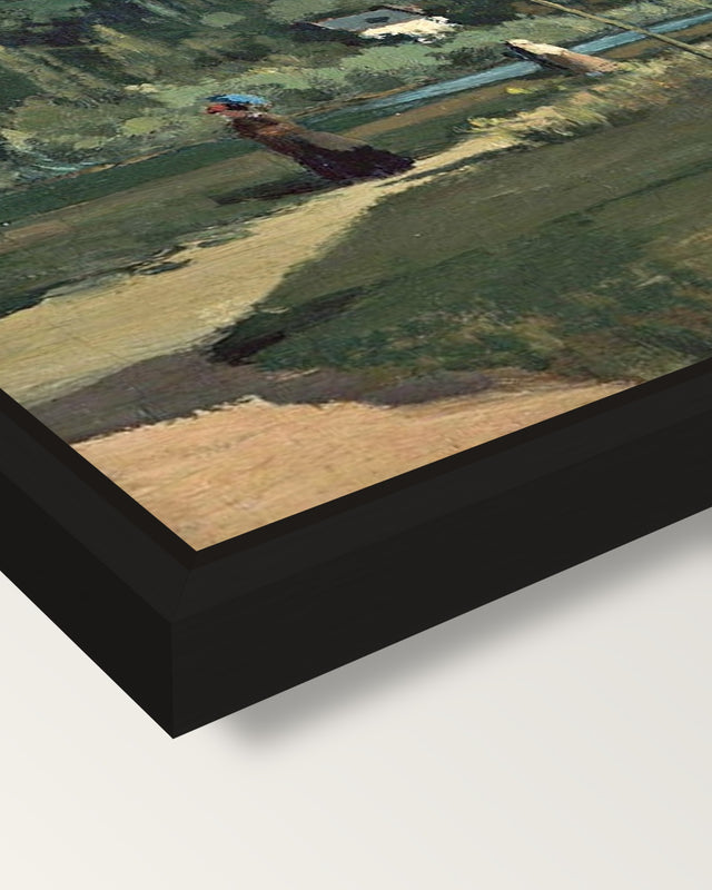 Strollers on a Country Road framed canvas, corner close-up: a black floating frame with a shadow gap round the canvas