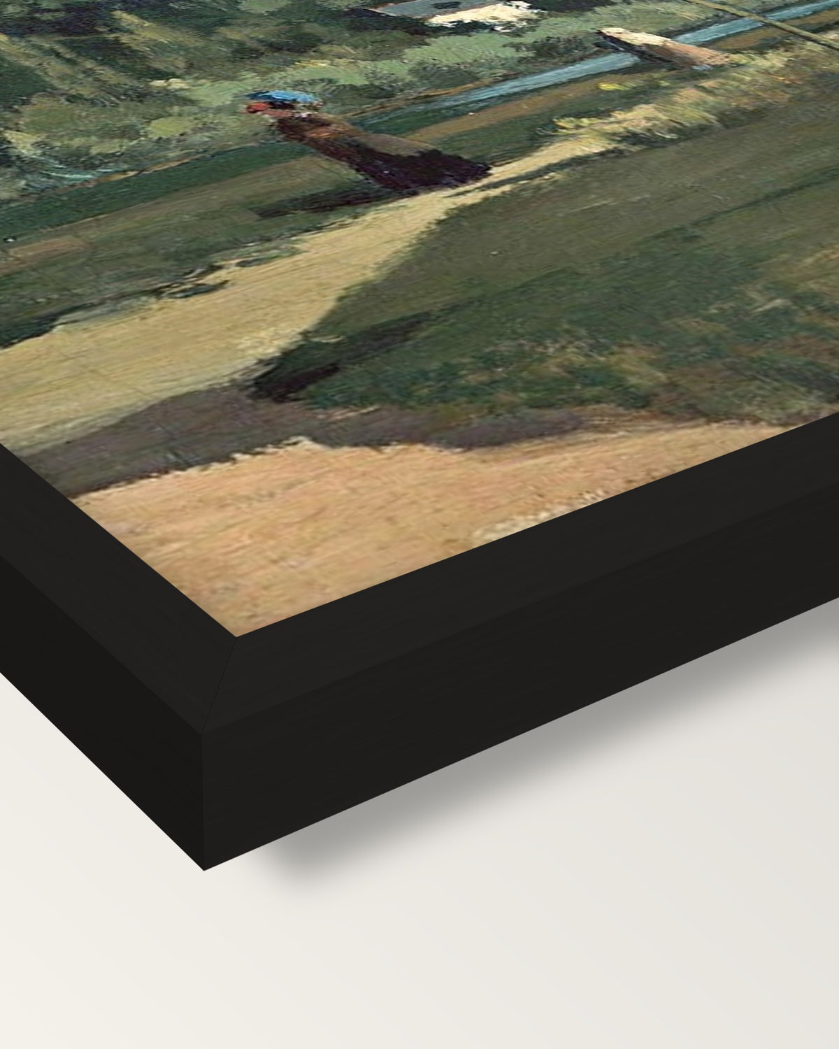 Strollers on a Country Road framed print, corner close-up: black moulding, mitred, the print set just below its edge