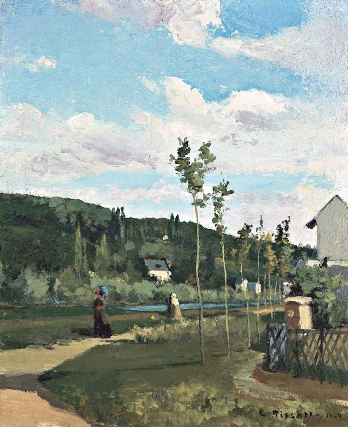 Strollers on a Country Road by Pissarro: two figures on a path with thin young trees, green hills and a bright cloudy sky