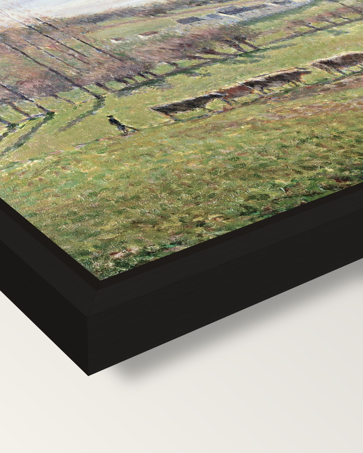 Summer Landscape, Éragny framed canvas, corner close-up: a black floating frame with a shadow gap round the canvas