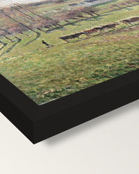 Summer Landscape, Éragny by Pissarro framed print, corner close-up: black moulding, mitred, the print set just below its edge