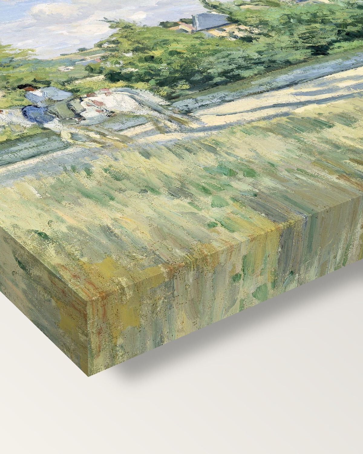 Sunlight on the Road by Camille Pissarro on stretched canvas, corner close-up: the painting mirror-wrapped round the sides
