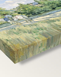 Sunlight on the Road by Camille Pissarro on stretched canvas, corner close-up: the painting mirror-wrapped round the sides