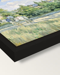Sunlight on the Road by Pissarro framed canvas, corner close-up: a black floating frame with a shadow gap round the canvas