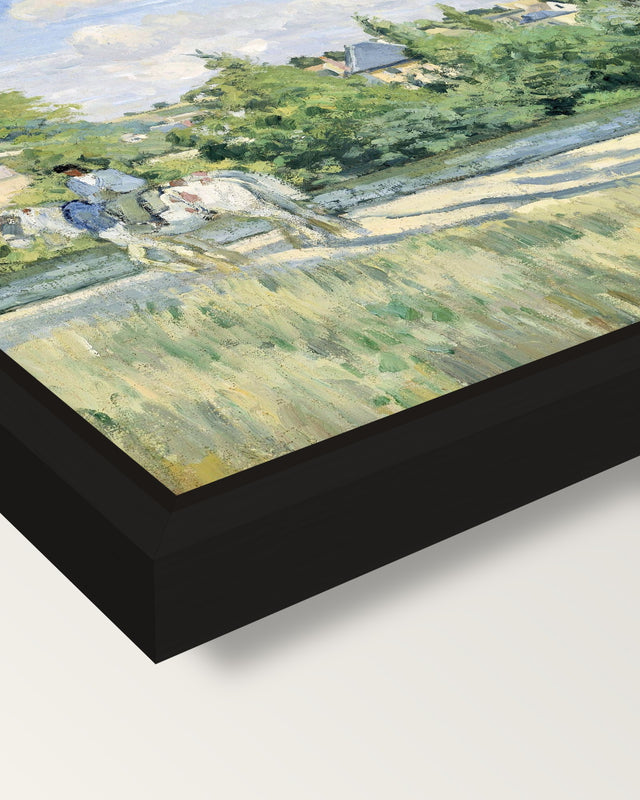 Sunlight on the Road by Pissarro framed canvas, corner close-up: a black floating frame with a shadow gap round the canvas