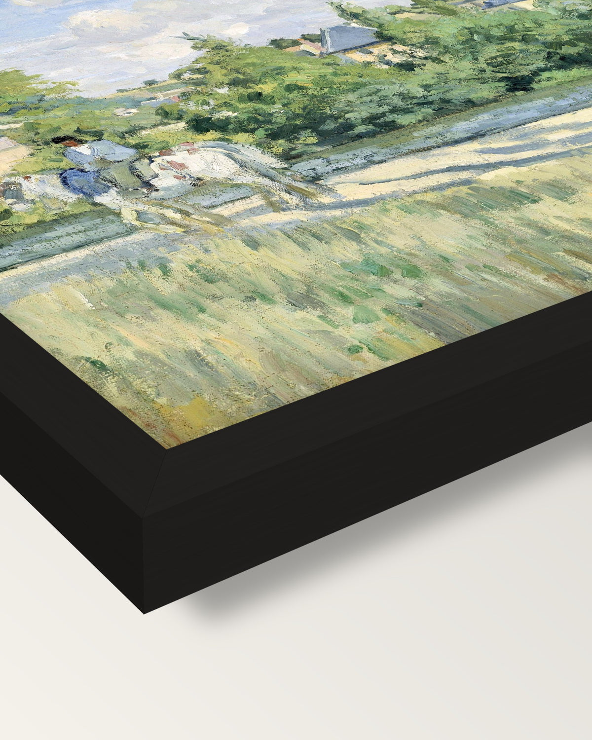 Sunlight on the Road by Pissarro framed print, corner close-up: black moulding, mitred, the print set just below its edge