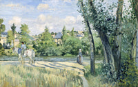 Sunlight on the Road, Pontoise by Pissarro: a sunny village road under tall trees, a horse and cart, houses and hills