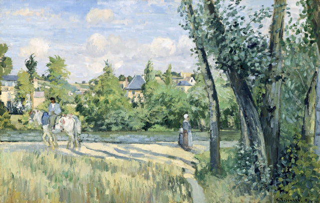 Sunlight on the Road, Pontoise by Pissarro: a sunny village road under tall trees, a horse and cart, houses and hills