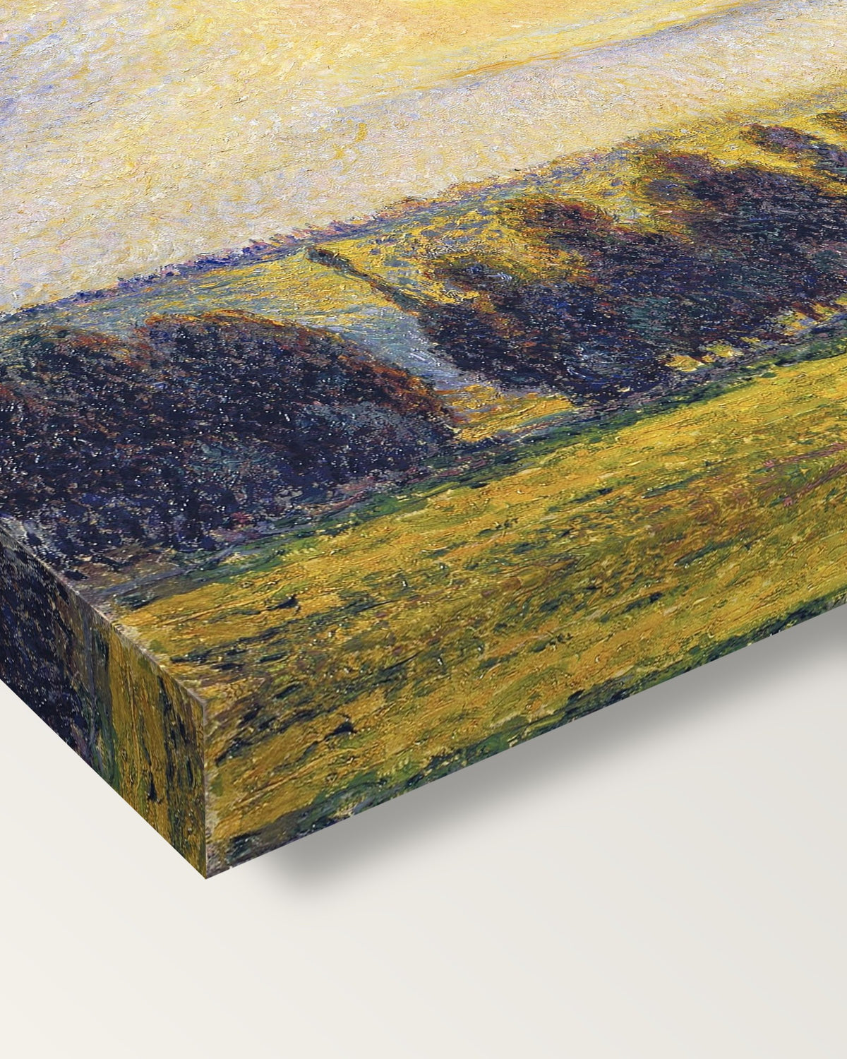 Sunset at Éragny by Camille Pissarro on stretched canvas, corner close-up: the painting mirror-wrapped round the sides