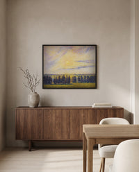 Sunset at Éragny by Camille Pissarro in a black frame above a walnut sideboard in a dining room
