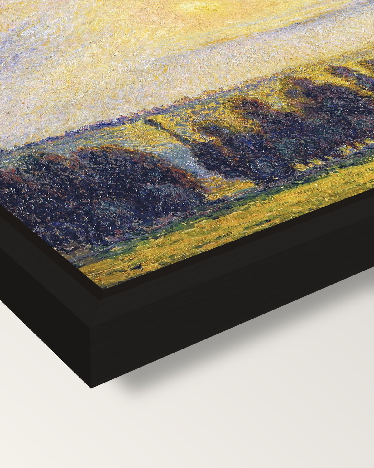 Sunset at Éragny by Pissarro framed canvas, corner close-up: a black floating frame with a shadow gap round the canvas
