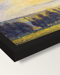 Sunset at Éragny by Camille Pissarro framed print, corner close-up: black moulding, mitred, the print set just below its edge