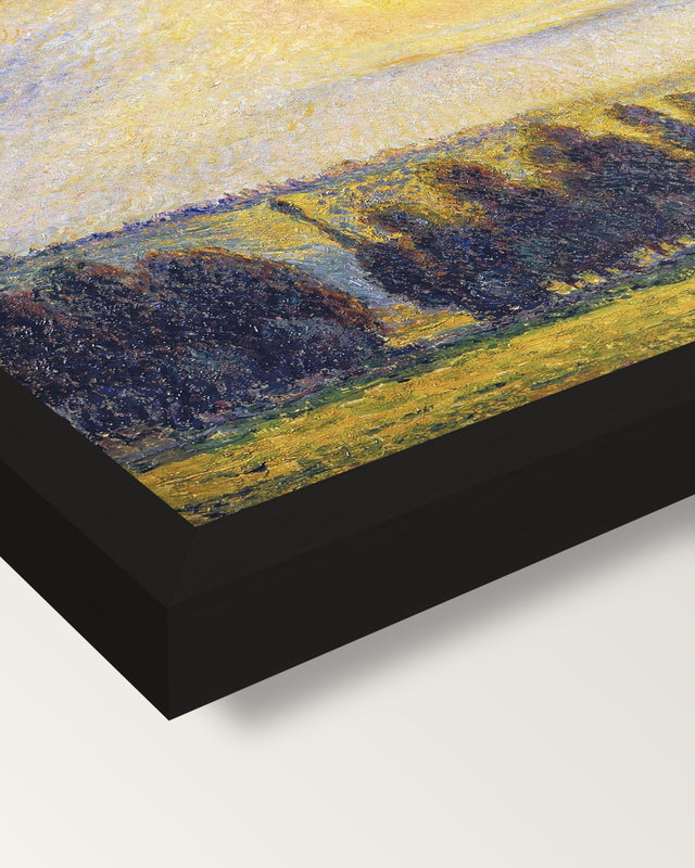 Sunset at Éragny by Camille Pissarro framed print, corner close-up: black moulding, mitred, the print set just below its edge