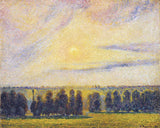 Sunset at Éragny by Pissarro: a glowing yellow, pink and violet sunset sky over a dark row of trees and green fields