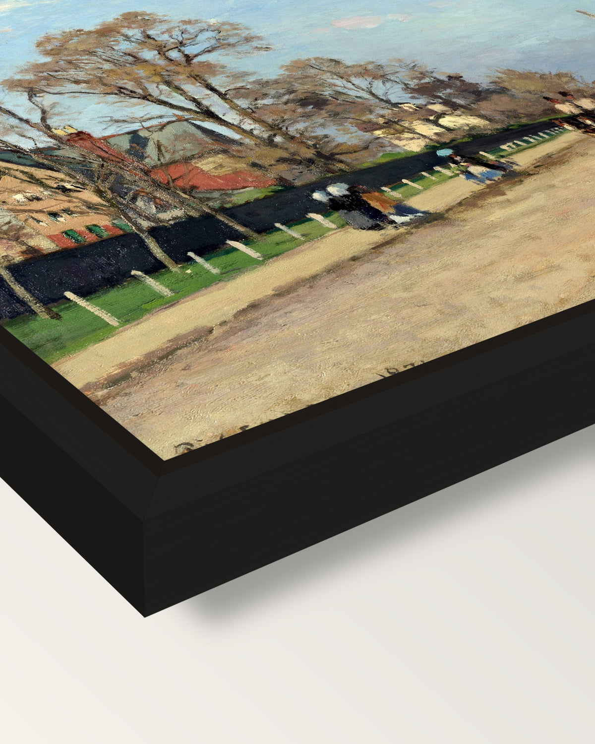The Avenue, Sydenham by Pissarro framed canvas, corner close-up: a black floating frame with a shadow gap round the canvas