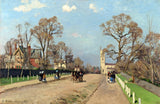 The Avenue, Sydenham by Pissarro: a quiet suburban road lined with trees, a church tower, figures and a carriage, blue sky