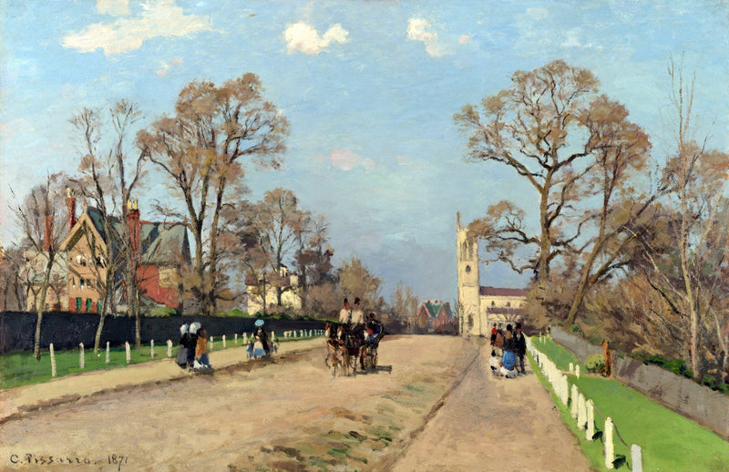 The Avenue, Sydenham by Pissarro: a quiet suburban road lined with trees, a church tower, figures and a carriage, blue sky