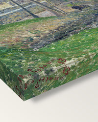 Banks of the Viosne by Camille Pissarro on stretched canvas, corner close-up: the painting mirror-wrapped round the sides