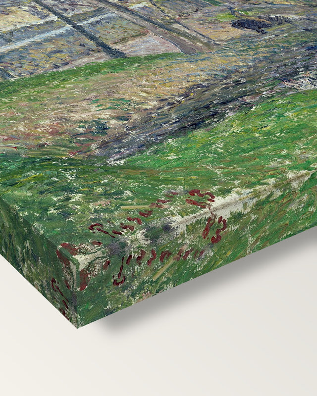 Banks of the Viosne by Camille Pissarro on stretched canvas, corner close-up: the painting mirror-wrapped round the sides